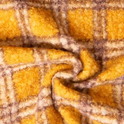 Tissu Bouclette Curly imprimé Carreaux sur fond Jaune - Par 10 cm