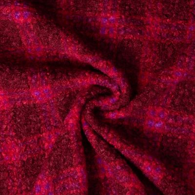 Tissu Bouclette Curly imprimé Carreaux sur fond Bordeaux - Par 10 cm