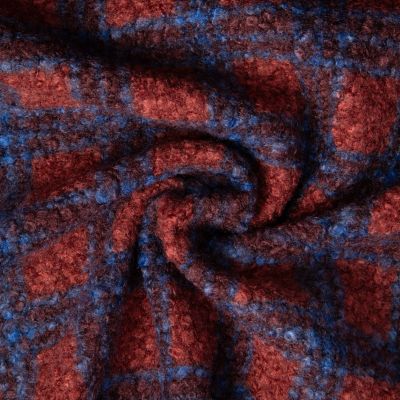 Tissu Bouclette Curly imprimé carreaux Bleu sur fond Marron - Par 10 cm