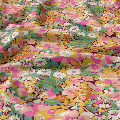 Tissu Viscose imprimé Silene sur fond Rose - Par 10 cm