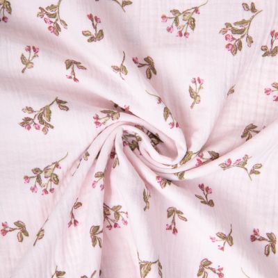 Tissu Double gaze de Coton Souella fleuris sur fond Lilas - Par 10 cm