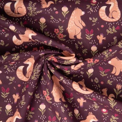 Tissu Coton imprimé Arty renard et ours Sylvana sur fond Aubergine - Par 10 cm