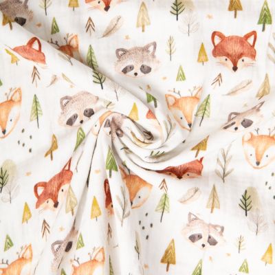 Tissu Double gaze de Coton digital Tidou renard sur fond Ecru - Par 10 cm
