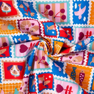 Tissu Coton imprimé Arty Timbre coloré sur fond Blanc - Par 10 cm