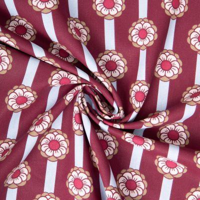 Tissu Coton imprimé Arty Tolina rayé et fleur sur fond Bordeaux - Par 10 cm