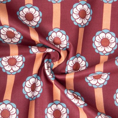 Tissu Toile de Coton Demi natté Toscane fleuris rayé sur fond Bordeaux - Par 10 cm
