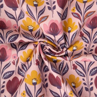 Tissu Toile de Coton Demi natté Tulp fleuris sur fond Rose - Par 10 cm