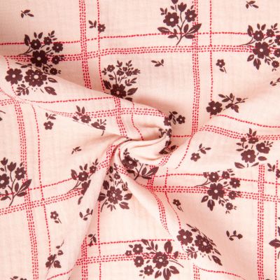 Tissu Double gaze de Coton Vinnie fleuris quadrillé sur fond Rose clair - Par 10 cm