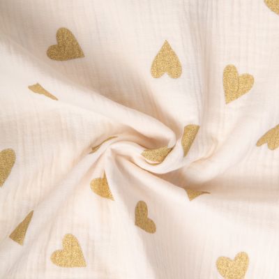 Tissu Double gaze de Coton Yoon coeur paillettes or sur fond Ecru - Par 10 cm