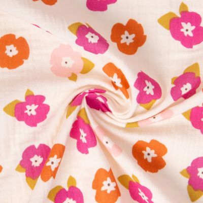 Tissu Double gaze de Coton Zelie fleuris sur fond Ecru - Par 10 cm
