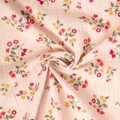 Tissu Double gaze de Coton Zinella fleuris rouge sur fond Lin - Par 10 cm