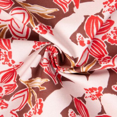 Tissu Toile de Coton Demi natté Zuri fleuris rouge sur fond Marron - Par 10 cm