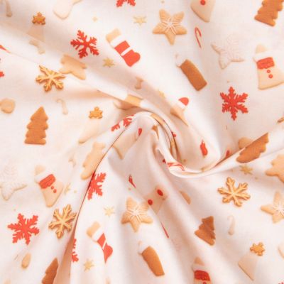 Tissu Coton imprimé Gâteaux de noël sur fond Beige nacré - Par 10 cm