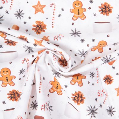 Tissu Coton imprimé Petit biscuit gouter de Noël sur fond Blanc - Par 10 cm