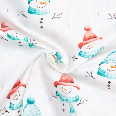 Tissu Coton imprimé Snowman hiver doux sur fond Blanc - Par 10 cm