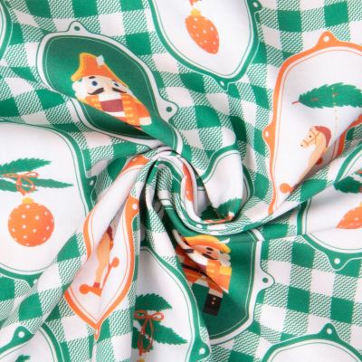 Tissu Coton imprimé Basile casse-noisette et carreaux de Noël Vert sur fond Blanc - Par 10 cm