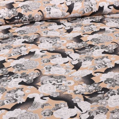Coupon Tissu Coton imprimé Chats et fleurs sur fond Beige - Coupon de 80 cm