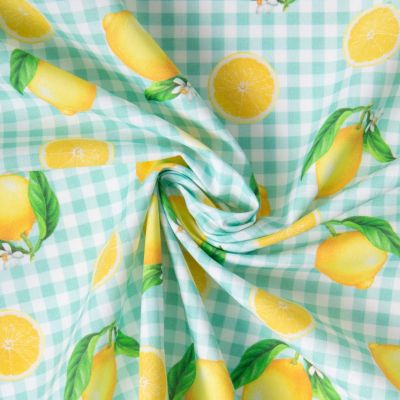 Tissu Coton imprimé Carreaux et citrons jaunes sur fond Blanc - Par 10 cm