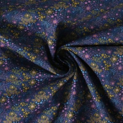 Tissu Coton imprimé  feuris Elynai sur fond Bleu nuit - Par 10 cm
