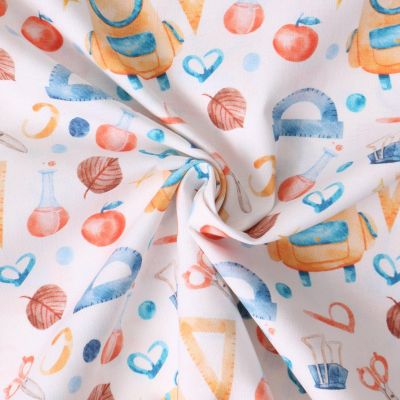 Tissu Coton imprimé  Ecolora rentrée des classes sur fond Blanc cassé - Par 10 cm