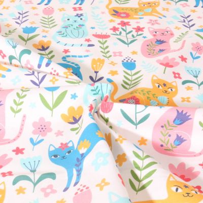 Coupon Tissu Coton imprimé Jardin des Chats sur fond Blanc - Coupon de 40 cm
