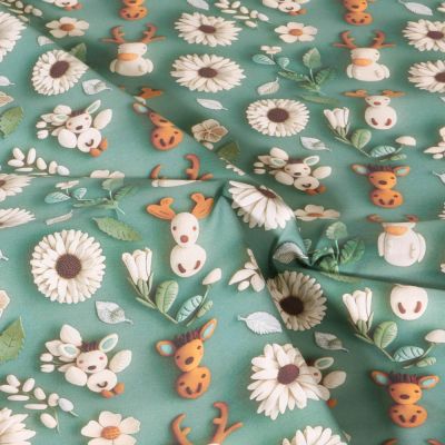 Tissu Coton imprimé digital Aube fleuris sur fond Vert - Par 10 cm