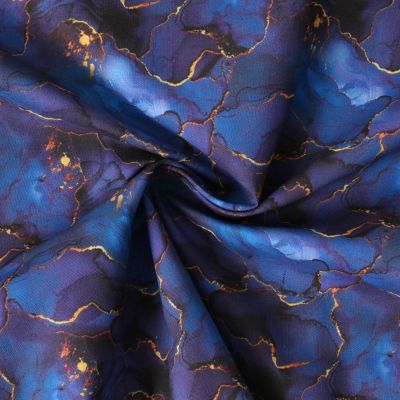Coupon Tissu Coton imprimé  Velkora marbrures Dorées sur fond Bleu roi - Coupon de 320 cm