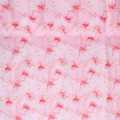 Tissu Coton imprimé  Aquahibis sur fond Rose pâle - Par 10 cm