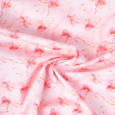 Tissu Coton imprimé Sakura fleurs Rose sur fond Rose pâle - Par 10 cm
