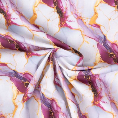 Tissu Coton imprimé Agate marbré Violet et Or sur fond Blanc cassé - Par 10 cm