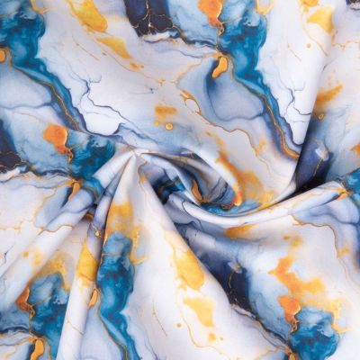 Tissu Coton imprimé Agate marbré Bleu et Or sur fond Blanc - Par 10 cm