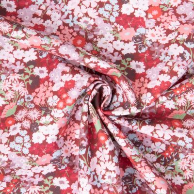 Tissu Coton imprimé Marguerite fleurs Rose et Rouge sur fond Bordeaux - Par 10 cm