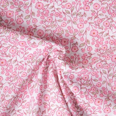 Tissu Popeline de Coton légère floral printanier rose sur fond Blanc - Par 10 cm