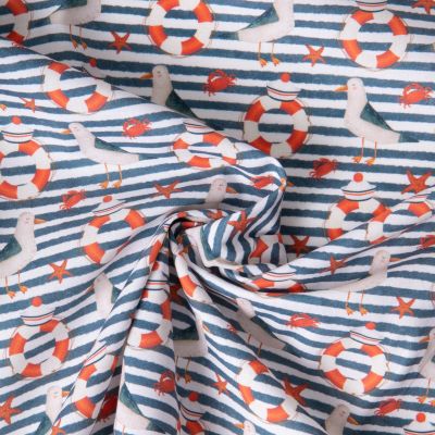 Tissu Coton imprimé Rayures Mouettes Bouées matelots sur fond Blanc - Par 10 cm
