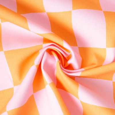 Tissu Toile de Coton d&#039;ameublement Damier rose sur fond Orange - Par 10 cm