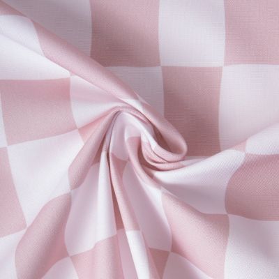 Tissu Toile de Coton d&#039;ameublement Damier rose pastel sur fond Blanc - Par 10 cm
