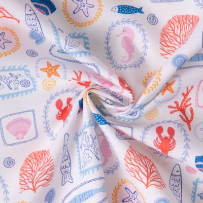 Tissu Coton imprimé Fonds Marins sur fond Blanc - Par 10 cm