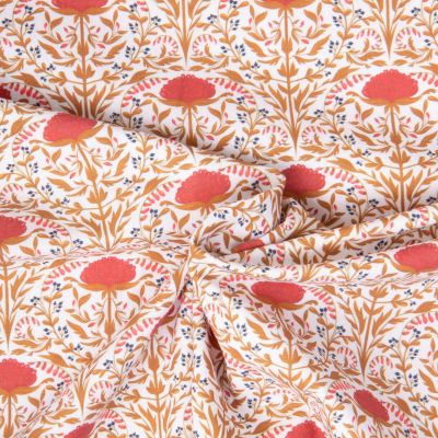 Tissu Coton imprimé Mandala florail Corail sur fond Ecru - Par 10 cm