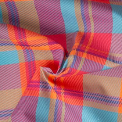 Tissu Madras Coton Carreaux rouge et jaune sur fond Bleu turquoise - Par 10 cm