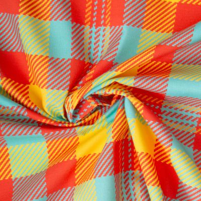 Tissu Madras Coton Carreaux rouge et turquoise sur fond Jaune - Par 10 cm