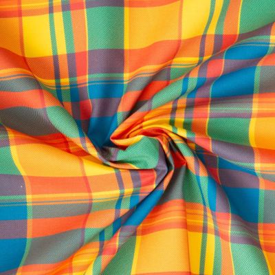 Tissu Madras Coton Carreaux orange, bleu et vert sur fond Jaune - Par 10 cm