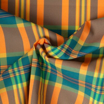 Tissu Madras Coton Carreaux Bleu sur fond Orange - Par 10 cm