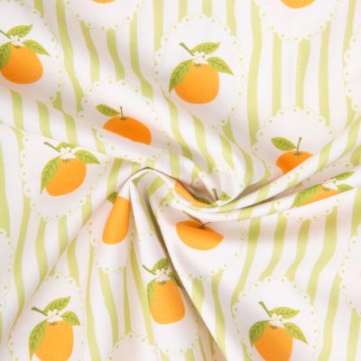 Tissu Coton imprimé Clémentine agrumes rétro sur fond Blanc - Par 10 cm