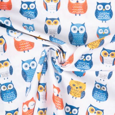 Tissu Coton imprimé Houhou chouettes coloriées sur fond Blanc - Par 10 cm