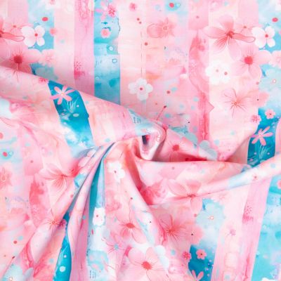 Tissu Coton imprimé Sakura sur bandes Rose et Bleu sur fond Rose pâle - Par 10 cm