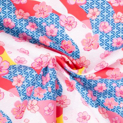 Tissu Coton imprimé Sakura motif traditionnel sur fond Blanc - Par 10 cm