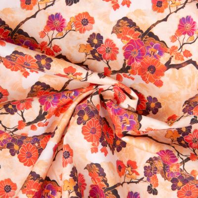 Tissu Coton imprimé Kansai cerisiers fleuris sur fond Beige sable - Par 10 cm