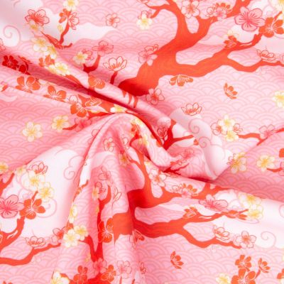 Tissu Coton imprimé Sakura Rouge fleurs Jaune sur fond Rose - Par 10 cm
