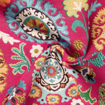 Tissu Jacquard d&#039;ameublement Anatolie fleuris sur fond Rose fuchsia - Par 10 cm