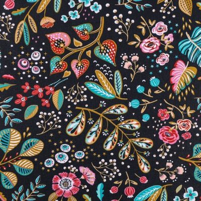 Tissu Coton Enduit Fleurs et feuilles multicolores sur fond bleu marine- Par 10 cm